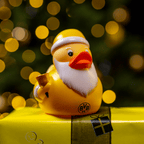 BVB-Badeente in weihnachtlichem Weihnachtsmann-Design mit schwarzgelbem Look, auf gelbem Geschenk präsentiert und umgeben von stimmungsvoller Weihnachtsbeleuchtung.