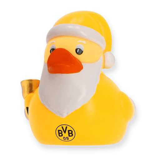 Gelbe Badeente im Weihnachtsmann-Stil mit BVB-Logo, ideal als Borussia Dortmund Fanartikel.
