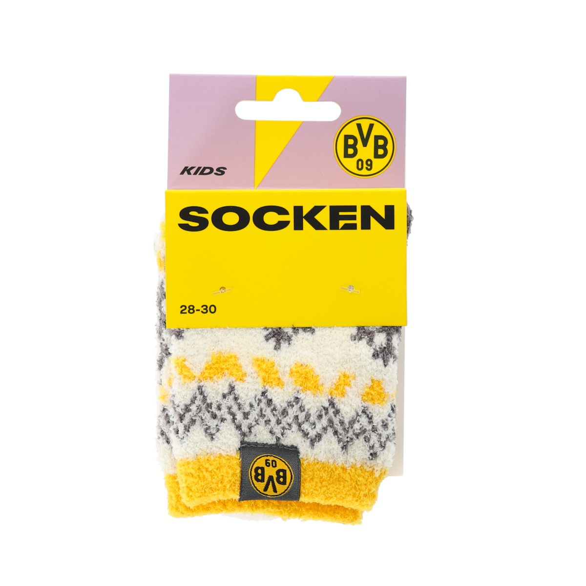 BVB 儿童冬季奇幻小木屋袜，白色底色配以黑黄相间的图案和 BVB 标志，是寒冷冬日的理想之选。