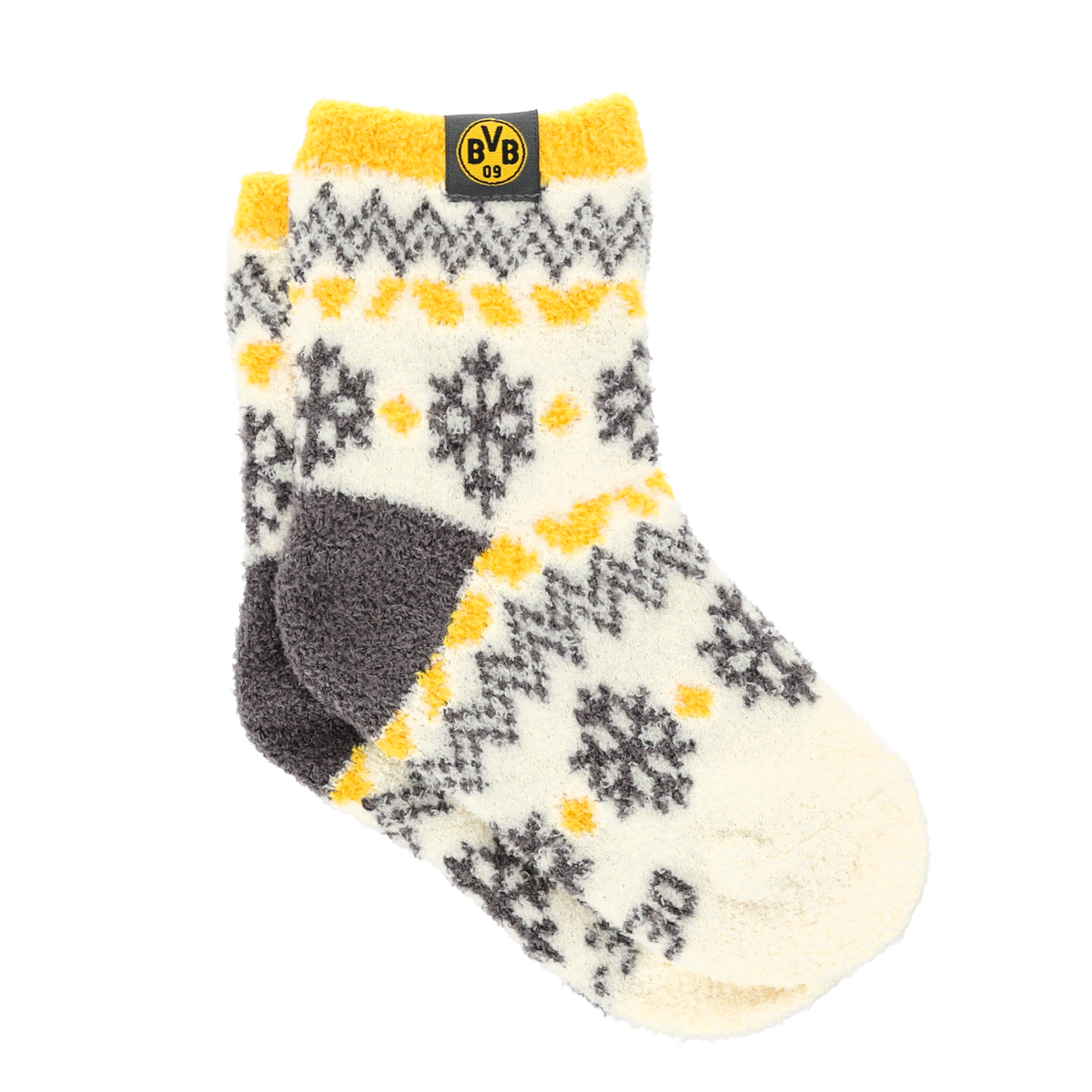 Weiche BVB-Hüttensocken für Kinder mit schwarzgelbem Schneeflockenmuster und BVB-Logo, ideal für kalte Wintertage.