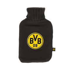 Borsa dell’acqua calda nera con fodera lavorata a maglia e logo del BVB nero e giallo ricamato, l’accessorio perfetto per i tifosi del Borussia Dortmund.