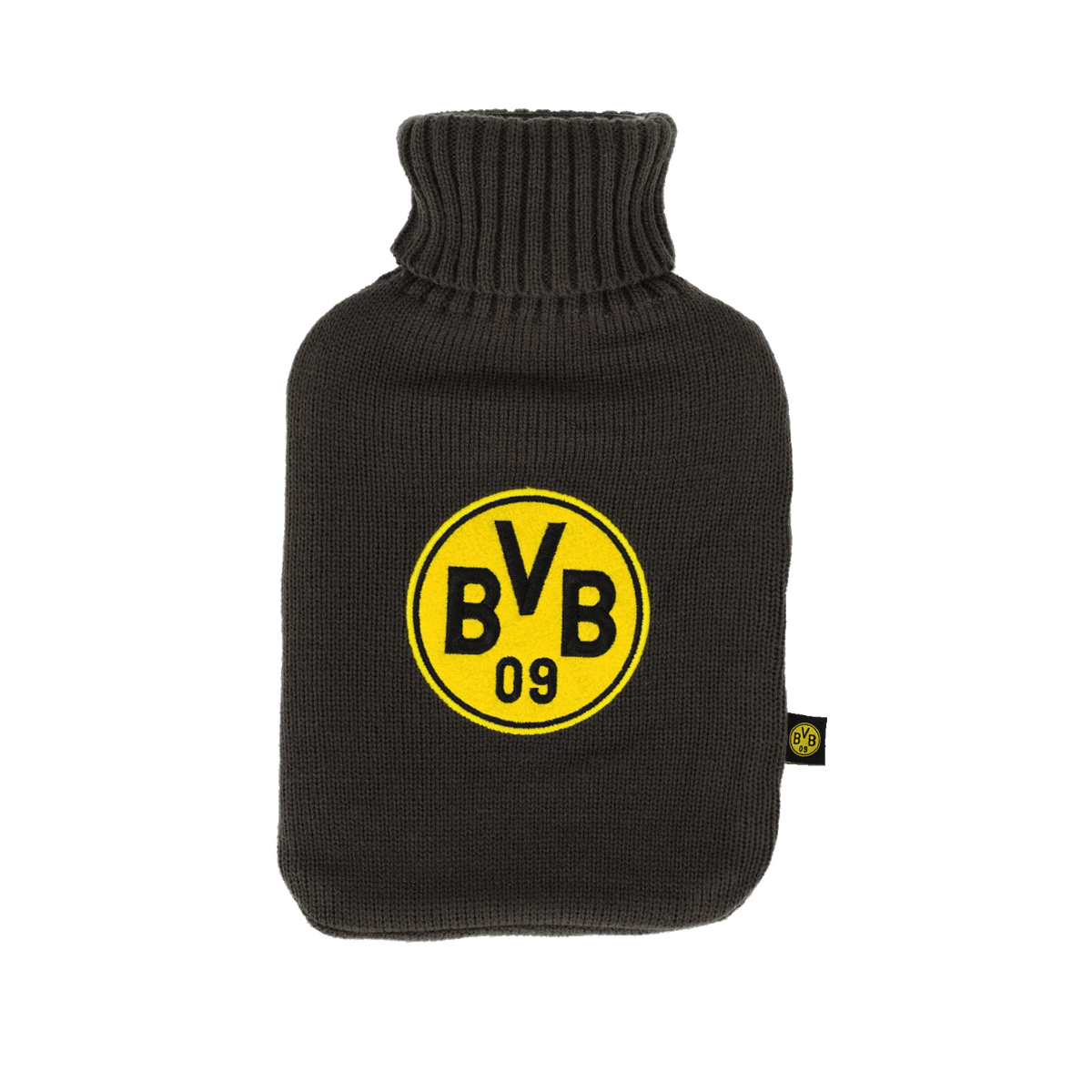 Borsa dell’acqua calda nera con fodera lavorata a maglia e logo del BVB nero e giallo ricamato, l’accessorio perfetto per i tifosi del Borussia Dortmund.