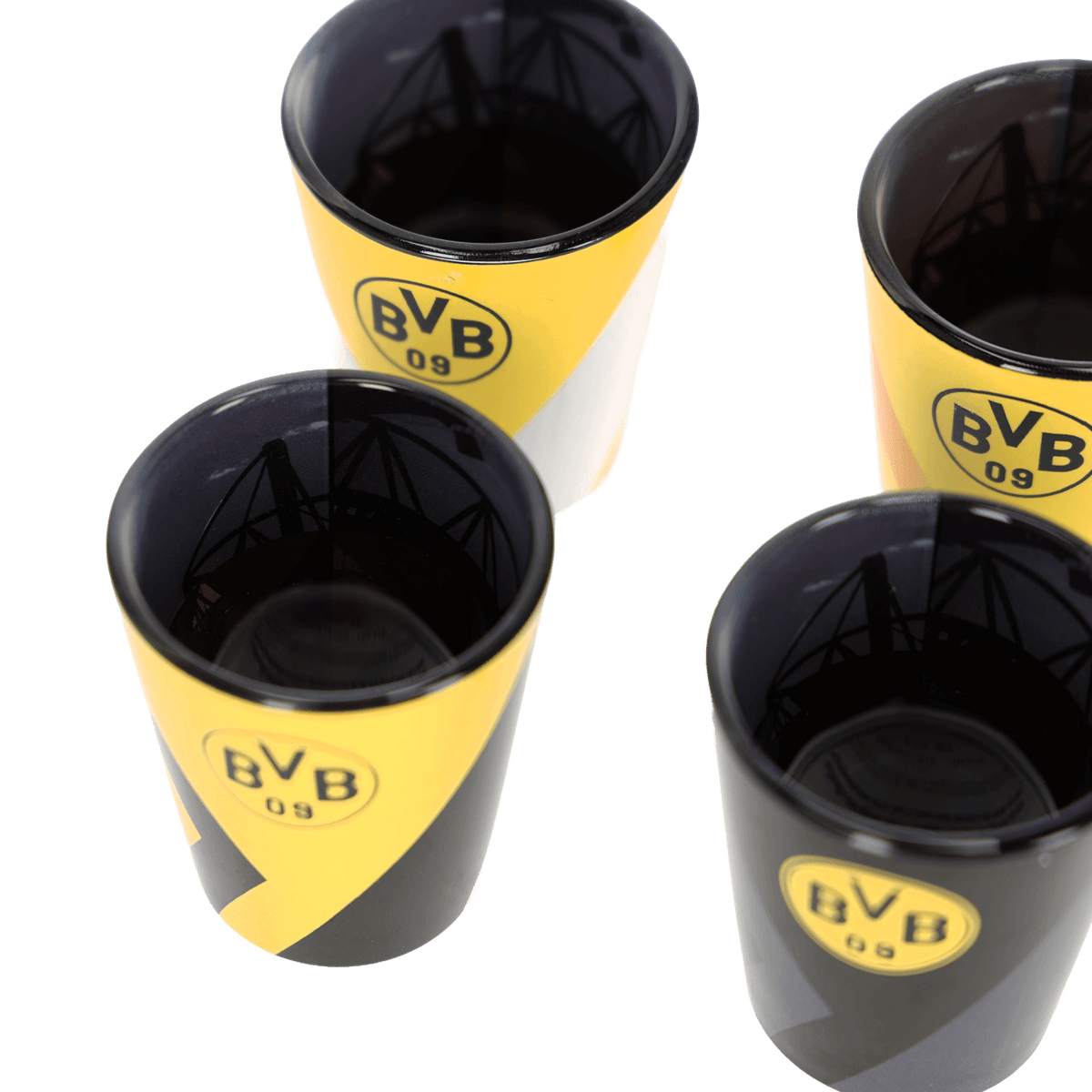 Schnapsglas 4er-Set in den Farben schwarzgelb mit prominentem BVB-Logo und detailreicher Stadion-Silhouette im Inneren. Perfekt für BVB-Fans.