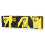 Set aus vier BVB Schnapsgläsern mit unterschiedlichen schwarzgelben Designs und dem ikonischen BVB 09-Logo, perfekt für Fans.