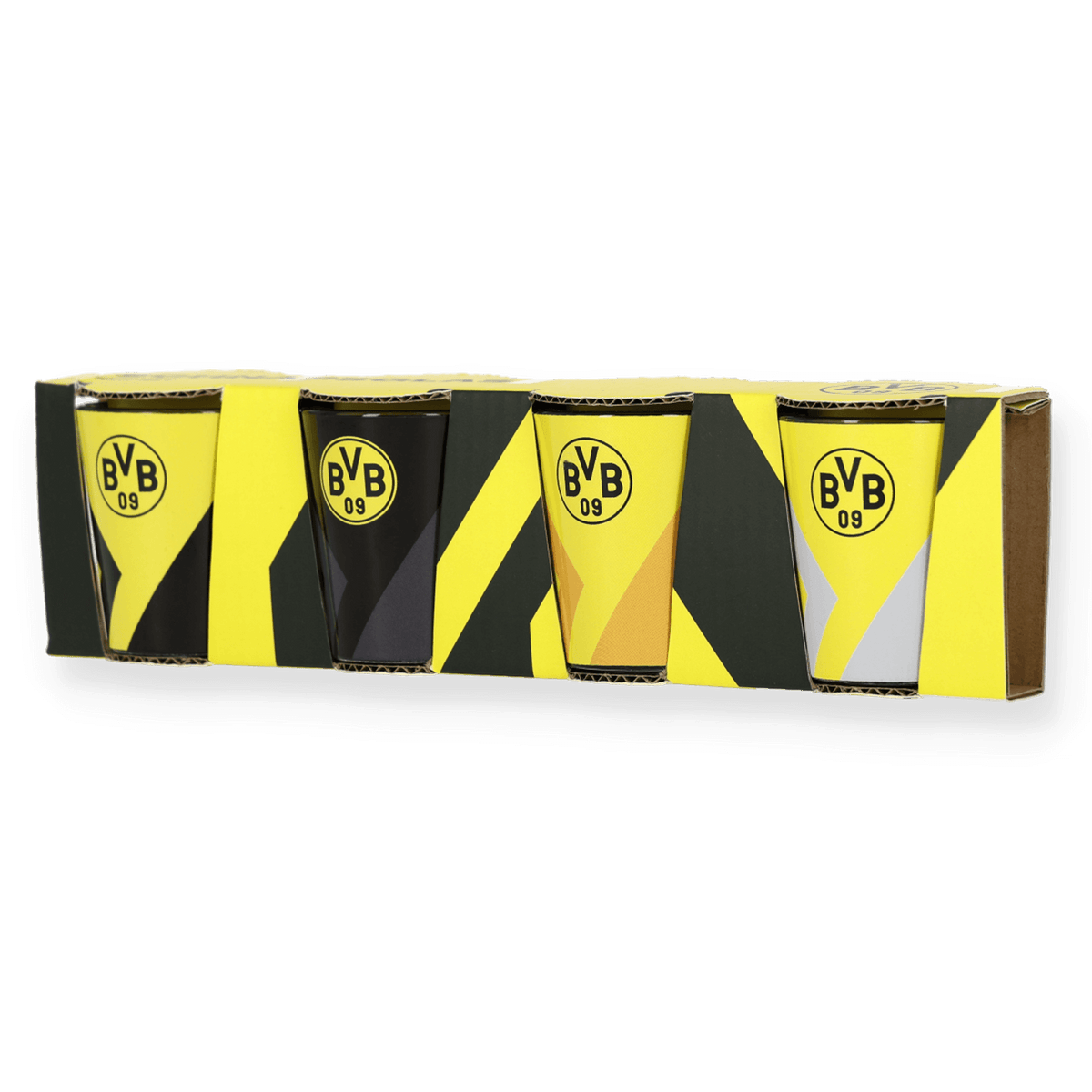 Set aus vier BVB Schnapsgläsern mit unterschiedlichen schwarzgelben Designs und dem ikonischen BVB 09-Logo, perfekt für Fans.
