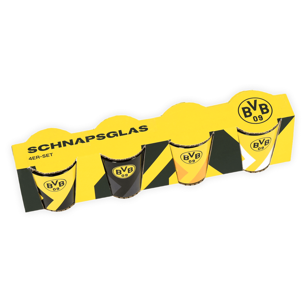 BVB Schnapsglas 4er-Set im schwarzgelben Design mit BVB-Logos, perfekt für Borussia Dortmund Fans und als Barzubehör oder Geschenk geeignet.