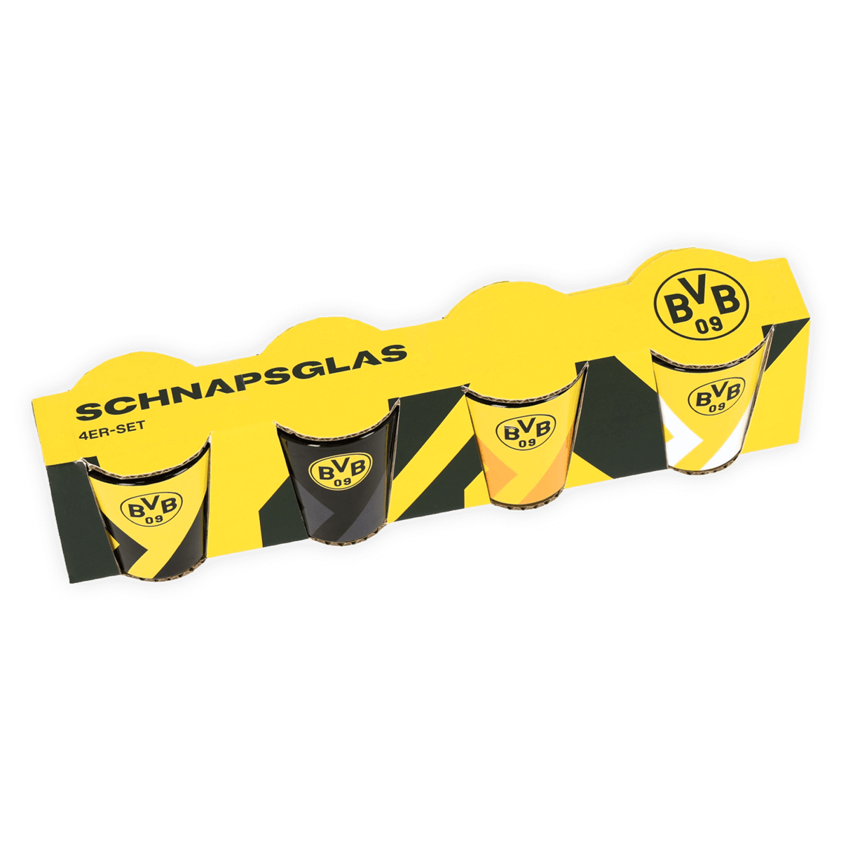 BVB Schnapsglas 4er-Set im schwarzgelben Design mit BVB-Logos, perfekt für Borussia Dortmund Fans und als Barzubehör oder Geschenk geeignet.
