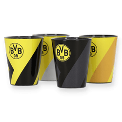 BVB Schnapsglas 4er-Set in den typischen schwarzgelben Vereinsfarben mit offiziellem BVB-Logo. Ideal für Borussia Dortmund Fans.
