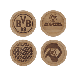 Juego de 4 posavasos de madera del BVB con el logotipo del BVB grabado y diferentes diseños, ideales para los aficionados del Borussia Dortmund.