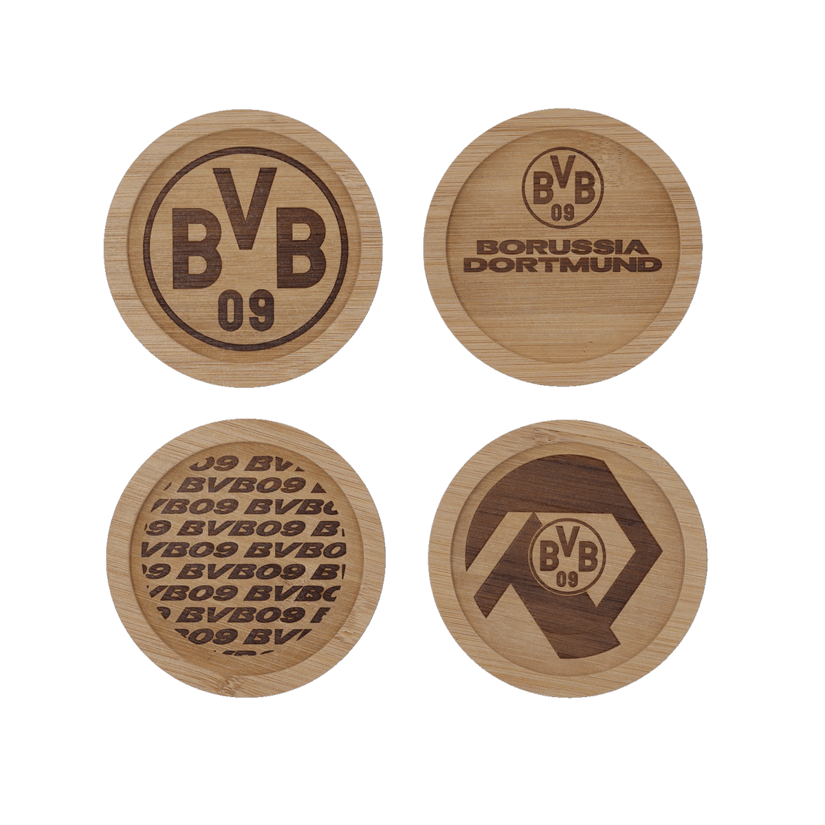 BVB 木质杯垫 4 件套，刻有 BVB 徽标，款式多样，是多特蒙德球迷的理想之选。
