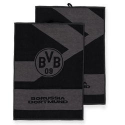 Set of two black-and-gray BVB dish towels featuring a large club logo and "Borussia Dortmund" lettering—perfect for fans of the club.