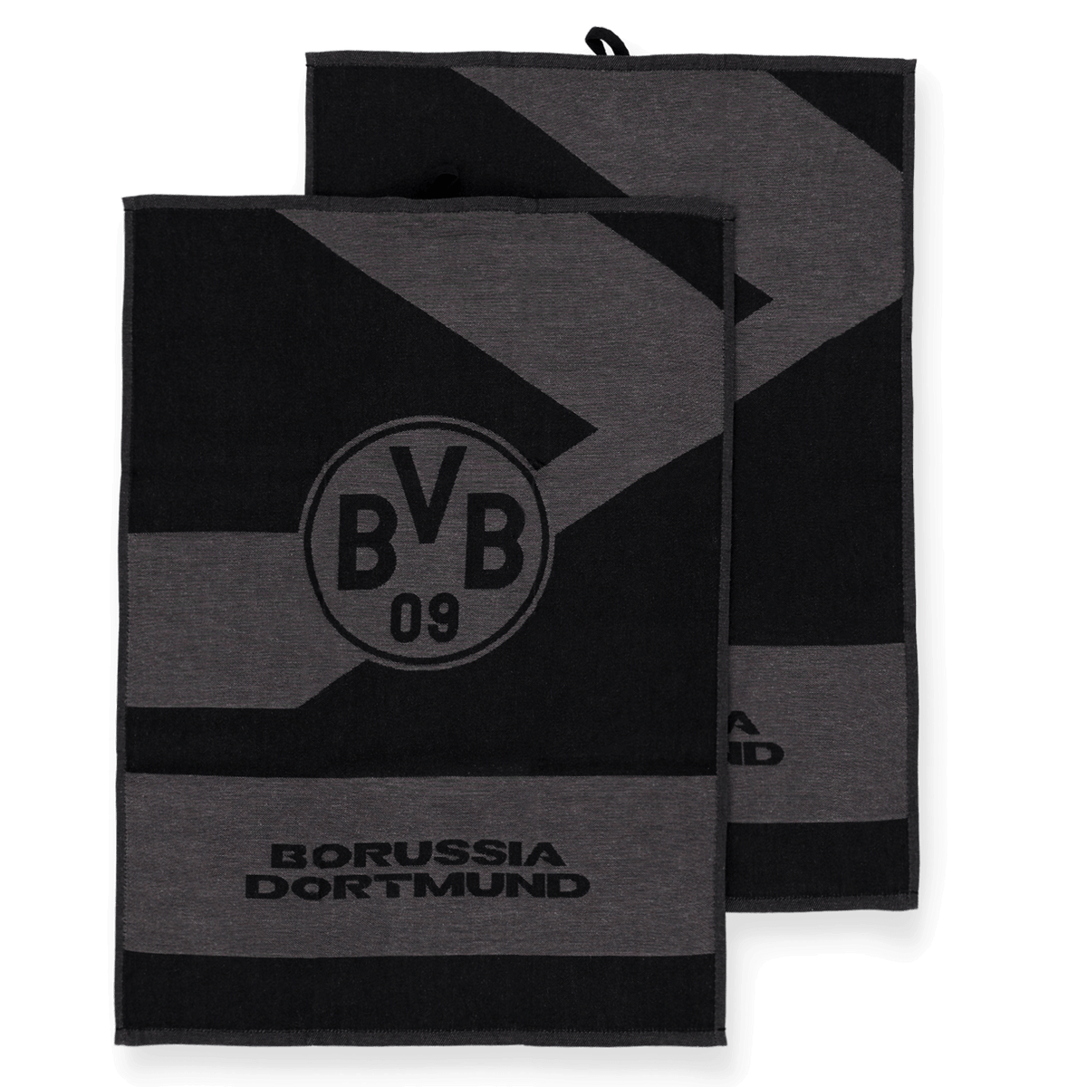 Set aus zwei schwarzgrauen BVB-Geschirrtüchern mit großem Vereinslogo und Borussia Dortmund-Schriftzug, perfekt für Fans des Vereins.