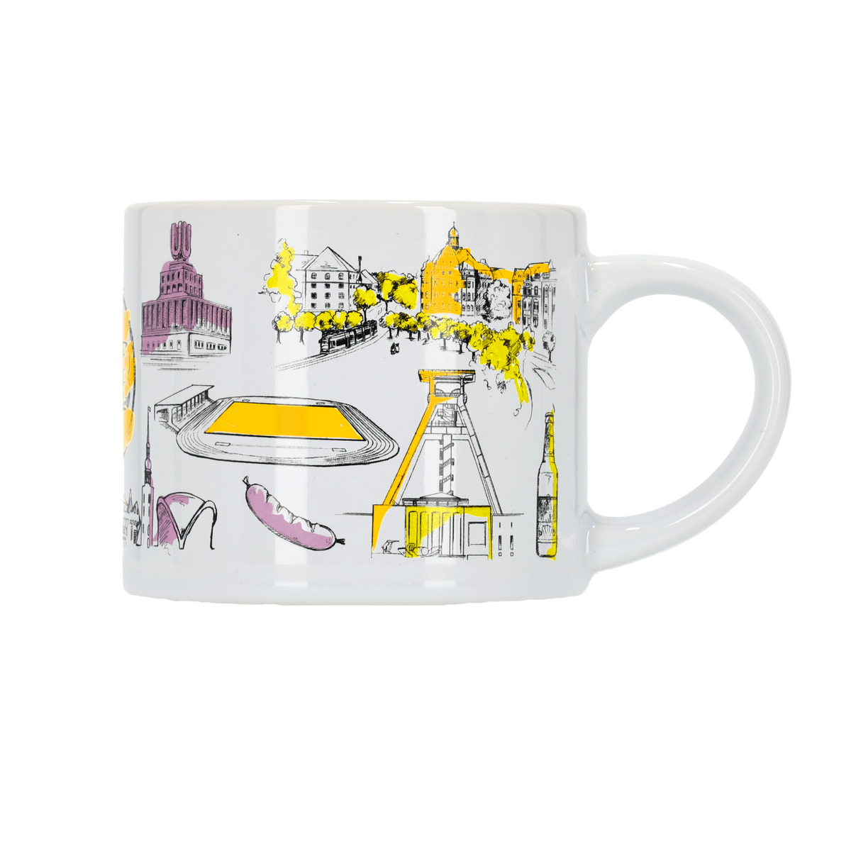 Weiße BVB-Tasse mit schwarzgelben und farbigen Grafiken, die das Panorama von Dortmund inklusive Sehenswürdigkeiten und Stadion zeigen.