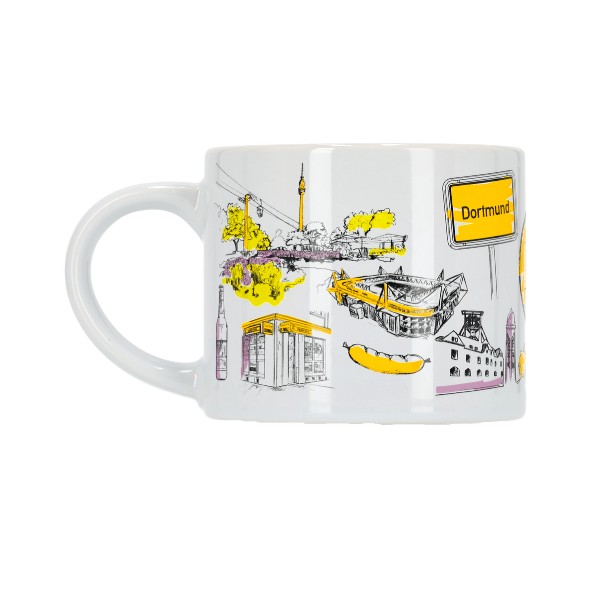 Weiße BVB-Tasse mit farbigem Dortmund-Panorama-Motiv, inklusive Stadion-Illustration und typischen Wahrzeichen der Stadt in schwarzgelb.