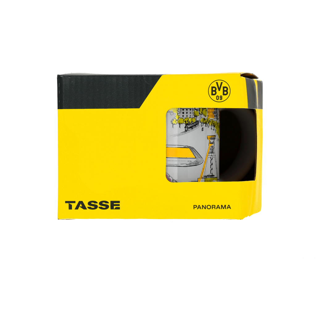 BVB Tasse mit detailliertem Panorama-Design in schwarzgelber Verpackung, ideal für alle Fans von Borussia Dortmund.