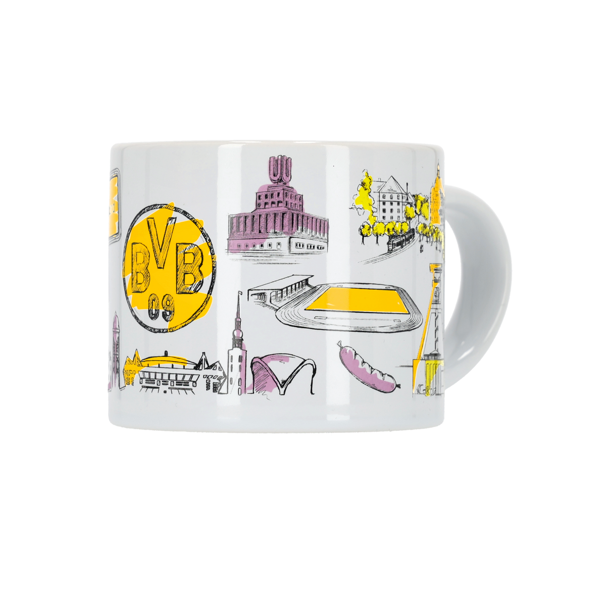 Weiße BVB Tasse mit schwarzgelbem Dortmund-Panorama, illustrierten Stadtsymbolen und Stadionmotiven als ideales Fanartikel oder Geschenk.