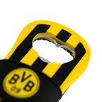 Apribottiglie del BVB nei colori nero e giallo, a forma di ciabatta da bagno con strisce e logo del BVB, ideale come articolo di merchandising del Borussia Dortmund.
