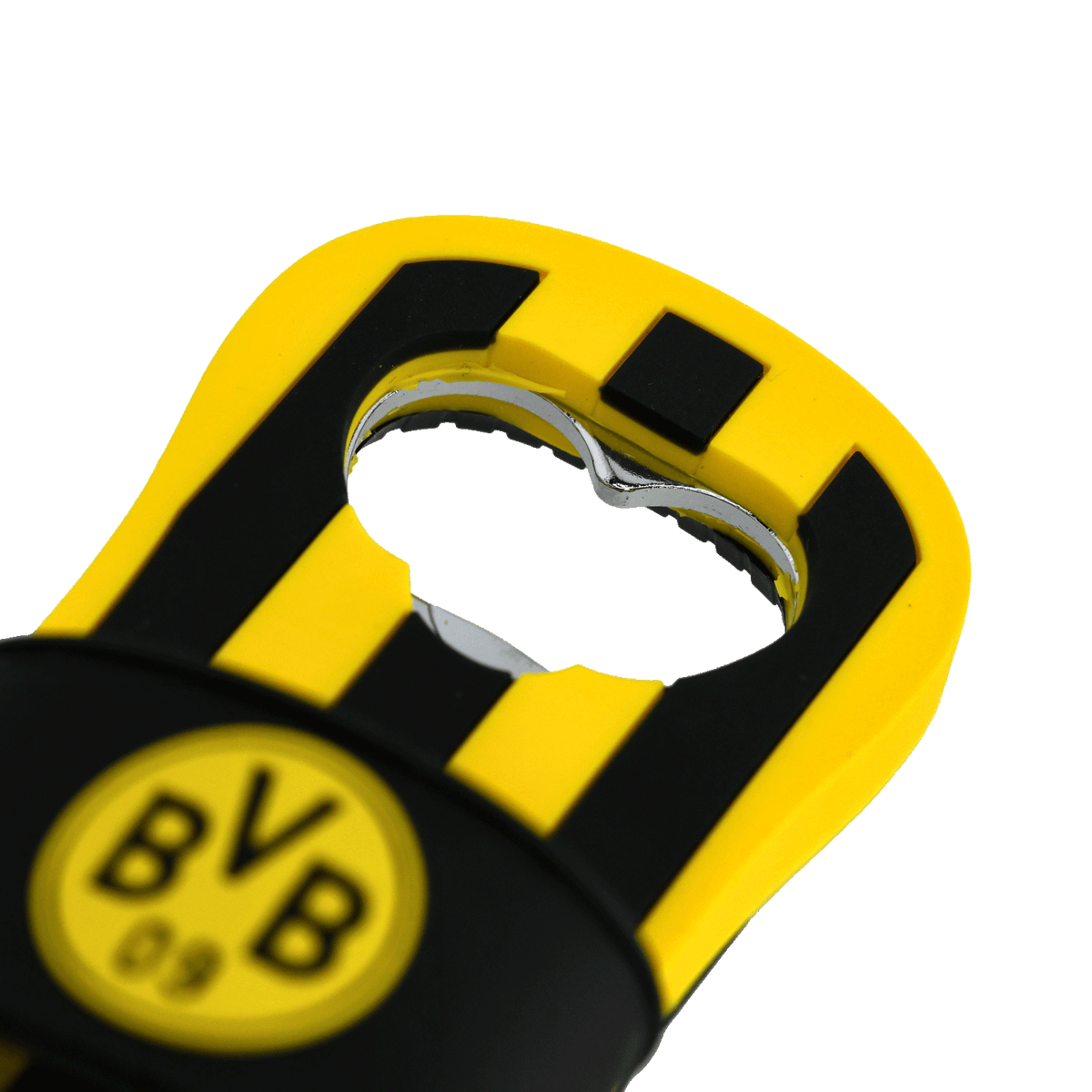 Décapsuleur BVB noir et jaune en forme de chaussons de bain rayés et arborant le logo du BVB, idéal comme produit dérivé du Borussia Dortmund.