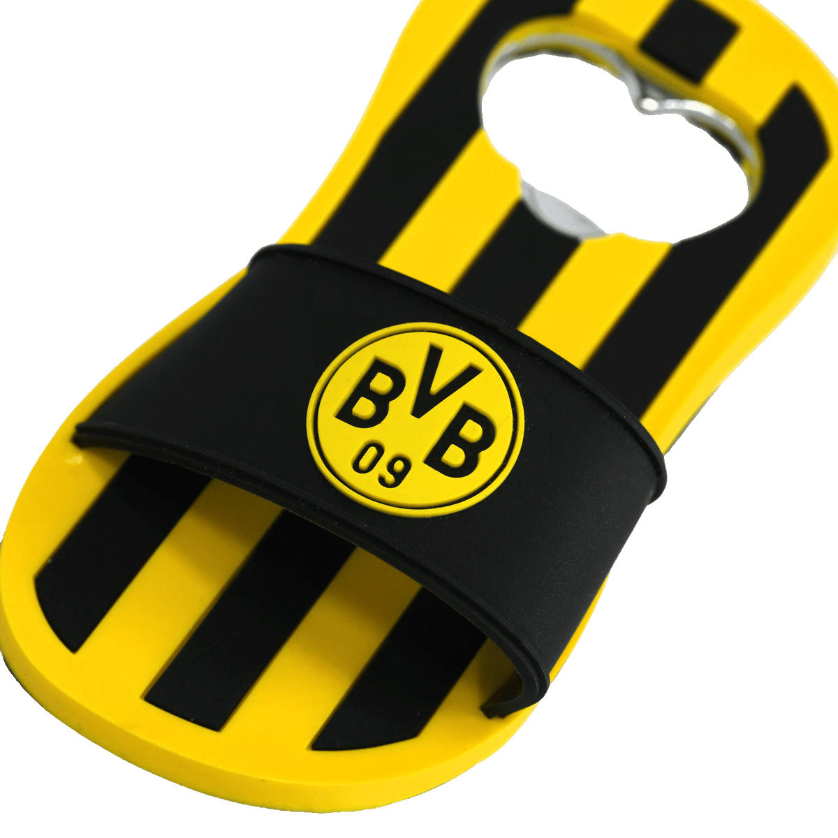 Apribottiglie del BVB nei colori nero e giallo, a forma di ciabatta da bagno con strisce e l’iconico logo del BVB, ideale come accessorio del negozio per tifosi o come regalo.