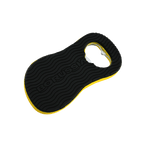 Apribottiglie nero e giallo a forma di sandalo del BVB, con la scritta "Borussia" impressa e un design ondulato.