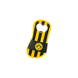 Flaschenöffner im Design eines schwarzgelben Badeschlappen mit Streifen und BVB-Logo als Borussia Dortmund Fanartikel.