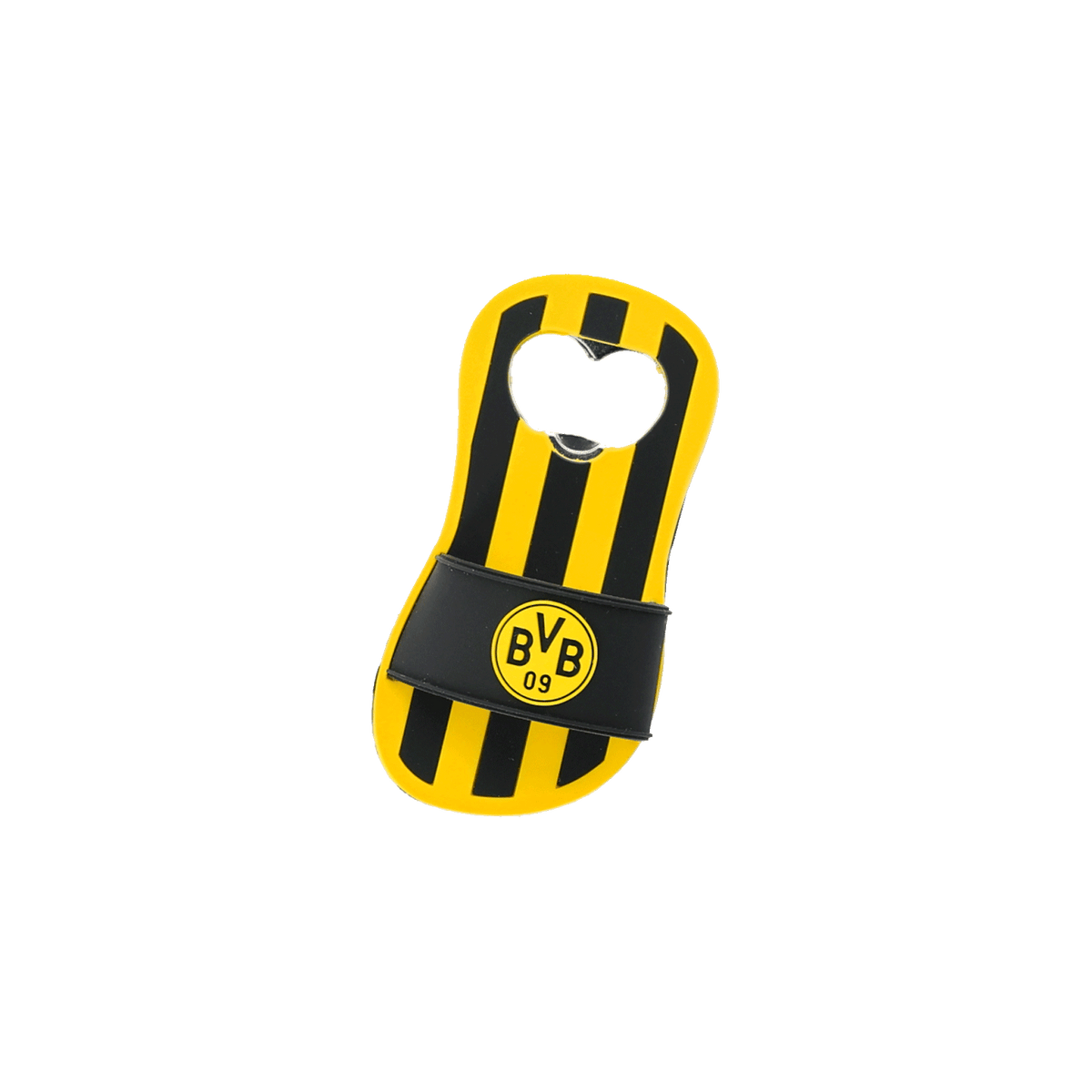 Flaschenöffner im Design eines schwarzgelben Badeschlappen mit Streifen und BVB-Logo als Borussia Dortmund Fanartikel.