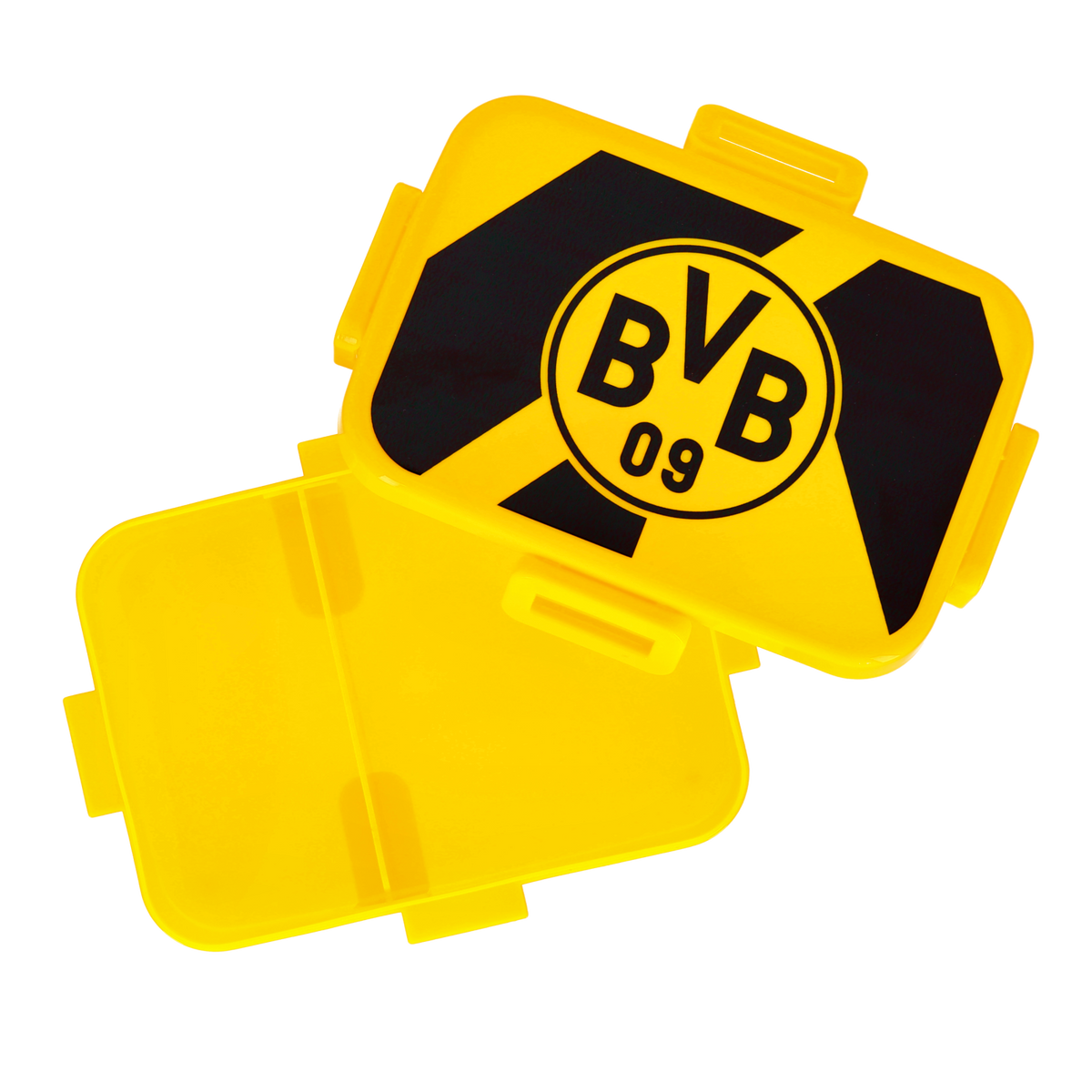 Une boîte à goûter noire et jaune du BVB arborant le logo « BVB 09 », idéale pour les supporters du Borussia Dortmund ; photo montrant la boîte ouverte et fermée.