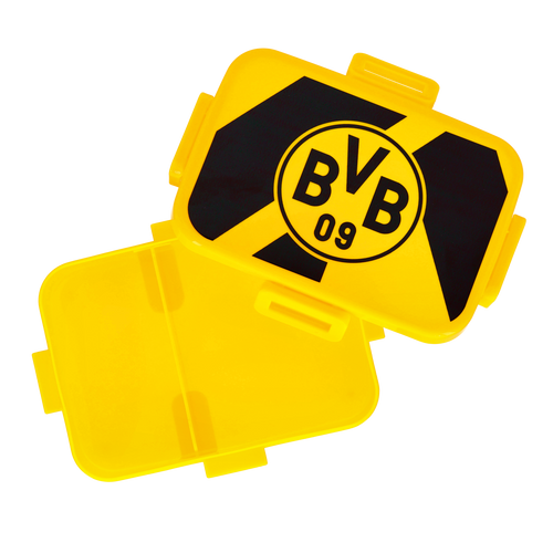 Eine schwarzgelbe BVB-Brotdose mit BVB 09-Logo, perfekt für Fans von Borussia Dortmund, Abbildung in geöffneter und geschlossener Ansicht.