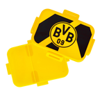 A black-and-yellow BVB lunchbox featuring the BVB 09 logo, perfect for Borussia Dortmund fans; shown open and closed.