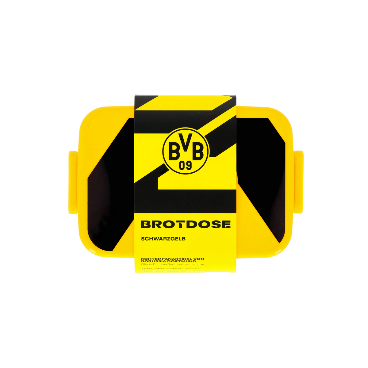 Boîte à repas noir et jaune du BVB, ornée du logo du club et dotée d'un design élégant : un accessoire pratique pour tous les supporters du Borussia Dortmund.