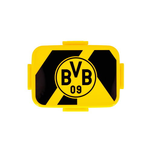 Schwarzgelbe BVB-Brotdose mit großem BVB 09 Logo auf dem Deckel, ideal für Fans von Borussia Dortmund.