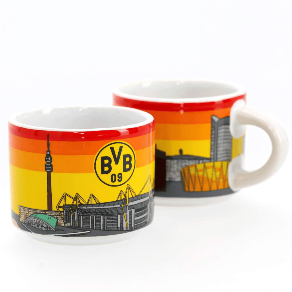 Set di 2 tazzine da caffè del BVB, con design nei colori nero, giallo e rosso, motivo dello stadio e logo del BVB, ideali per i tifosi del Borussia Dortmund.