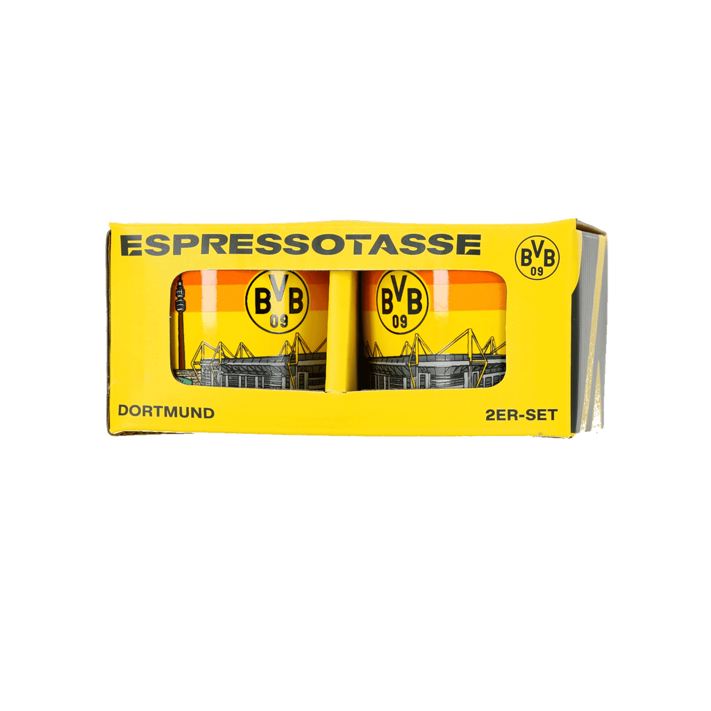 Set di 2 tazzine da caffè del BVB con motivo dello stadio nei colori nero e giallo, presentate in una confezione gialla di grande impatto con il logo BVB 09.