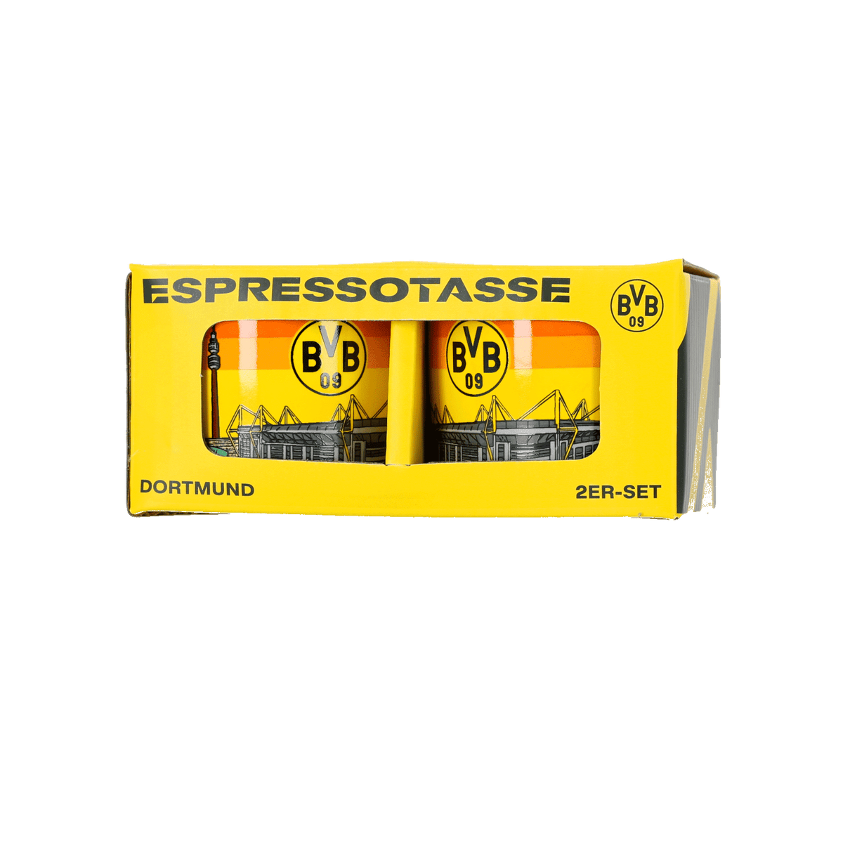 Set di 2 tazzine da caffè del BVB con motivo dello stadio nei colori nero e giallo, presentate in una confezione gialla di grande impatto con il logo BVB 09.