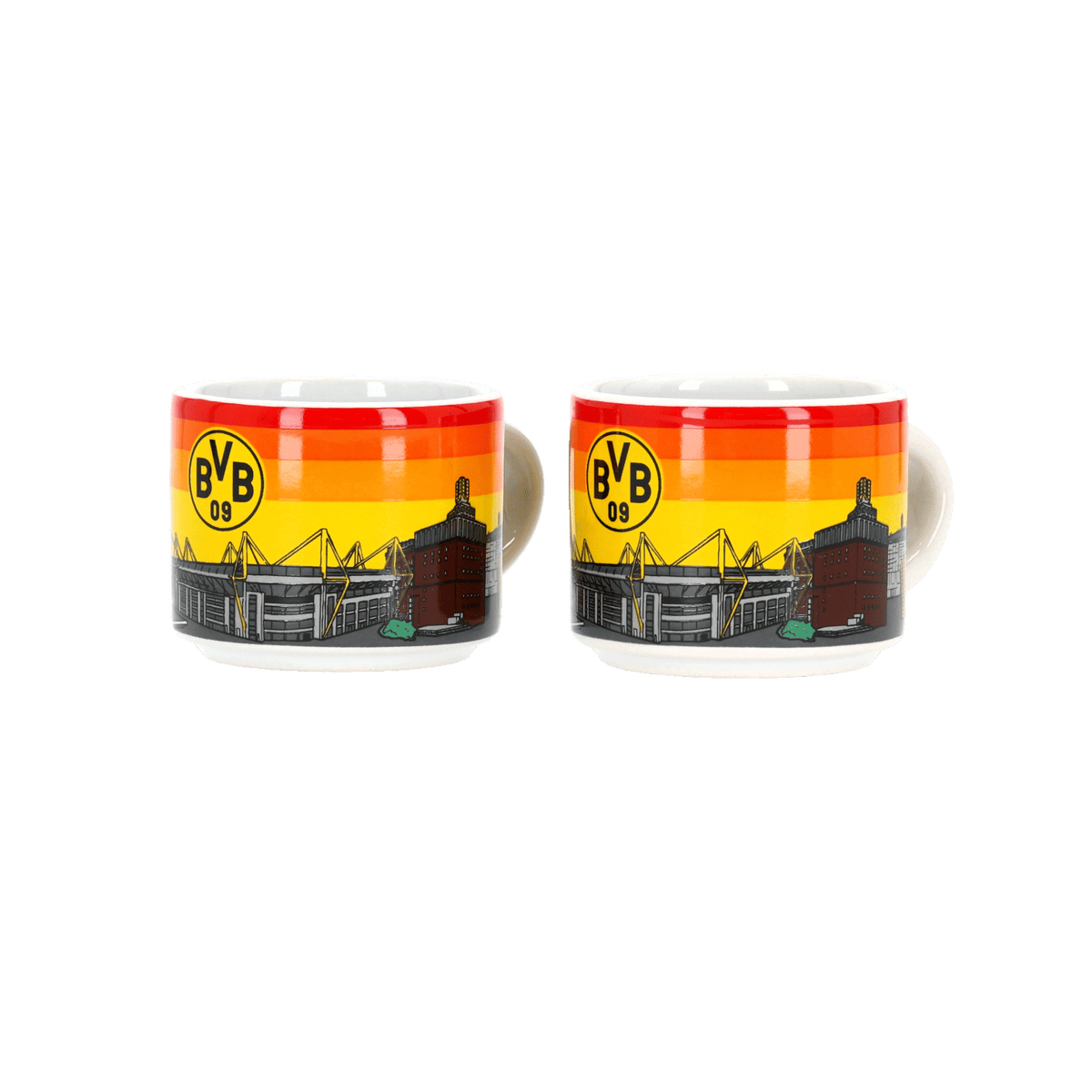 Set da 2 tazzine da caffè del BVB con un motivo dello stadio ricco di dettagli e lo stemma del BVB, perfette per i tifosi del Borussia Dortmund.