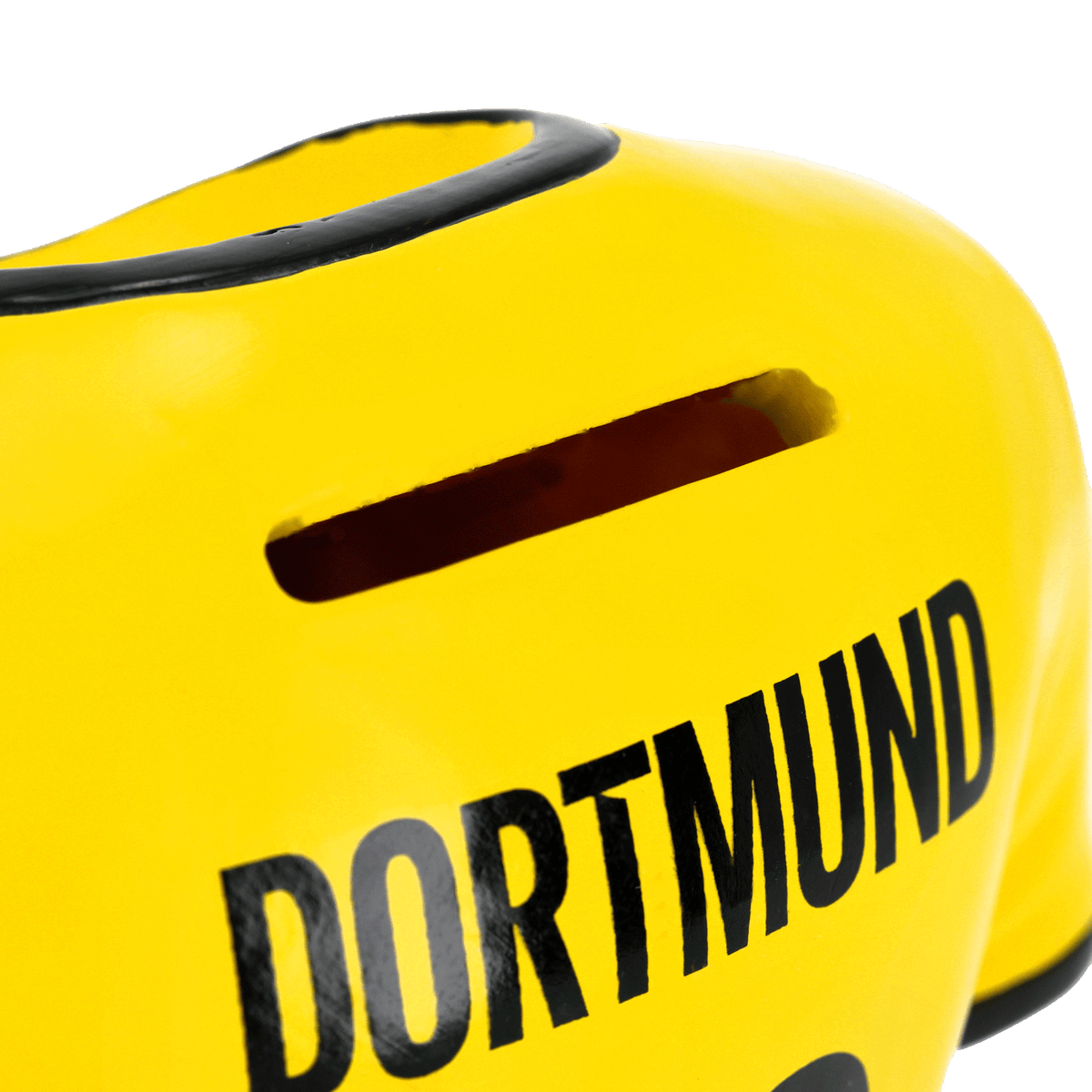 Vue détaillée d'une tirelire jaune du BVB portant l'inscription « DORTMUND » en noir ; un article de fan du Borussia Dortmund, idéal pour les cadeaux en argent ou comme décoration.