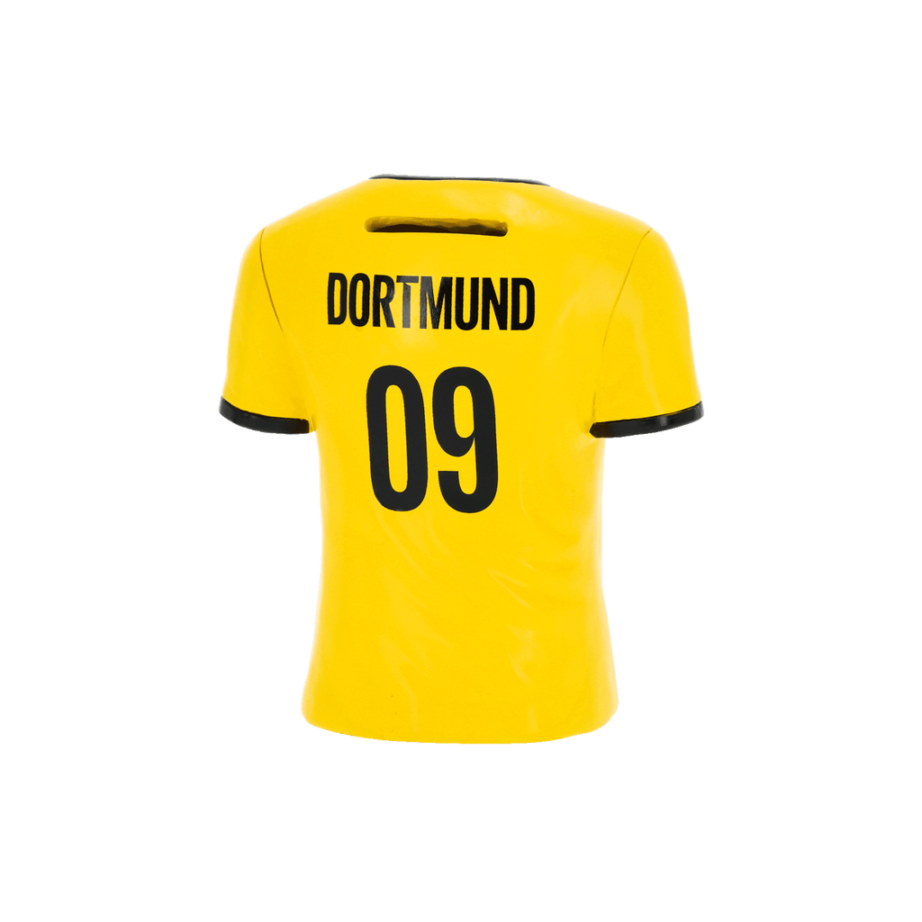 Vue arrière d'un maillot du BVB aux couleurs noir et jaune, portant l'inscription « Dortmund » dans le dos et le numéro 09.