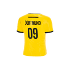 Vue arrière d'un maillot du BVB aux couleurs noir et jaune, portant l'inscription « Dortmund » dans le dos et le numéro 09.