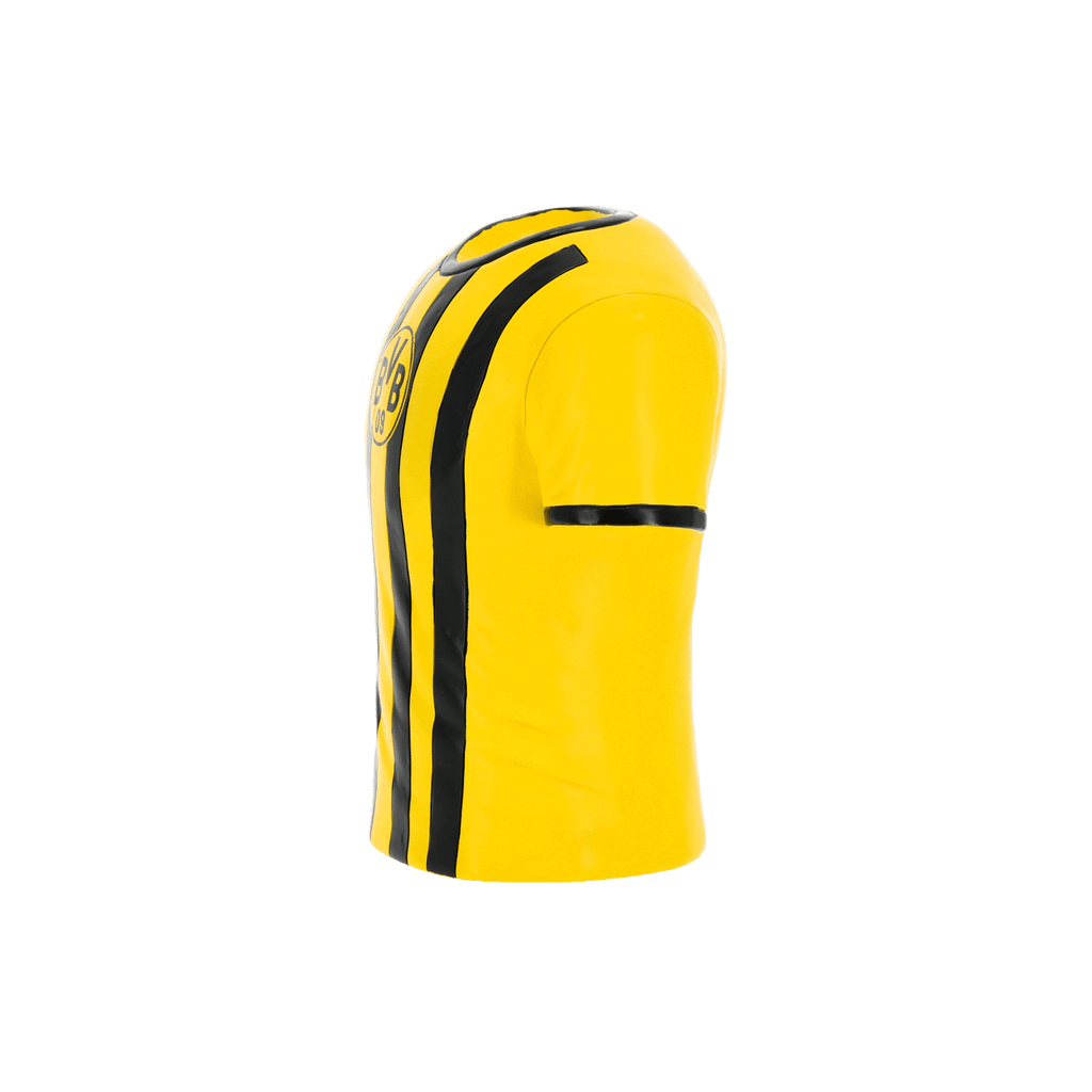 Maillot domicile noir et jaune du BVB, avec des rayures verticales, l'écusson du club et le logo Puma, vue de profil.