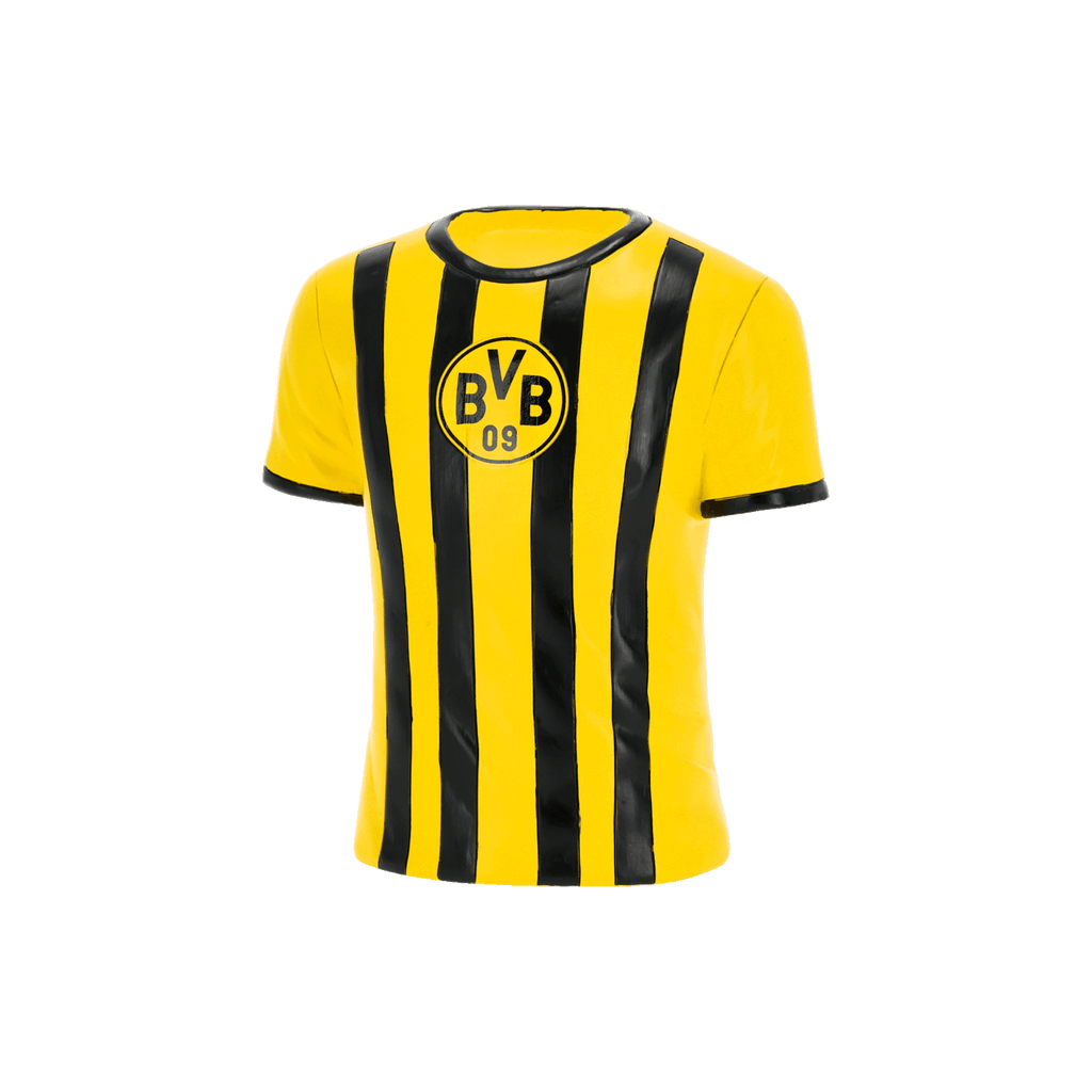 Maillot noir et jaune du BVB, avec un motif à rayures verticales, un col rond et un logo BVB bien visible sur la poitrine.