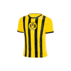 Maillot noir et jaune du BVB, avec un motif à rayures verticales, un col rond et un logo BVB bien visible sur la poitrine.
