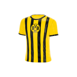 Camiseta del BVB en negro y amarillo con diseño de rayas verticales, cuello redondo y el logotipo del BVB bien visible en el pecho.