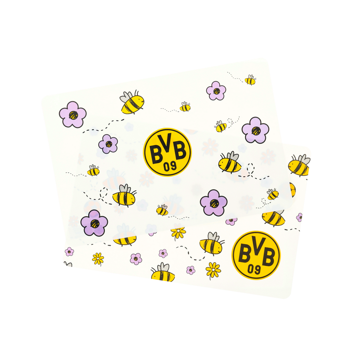 Double-sided BVB 09 placemats for kids, sold in a set of 2, decorated with a colorful bee and flower pattern and the iconic BVB logo in black and yellow.