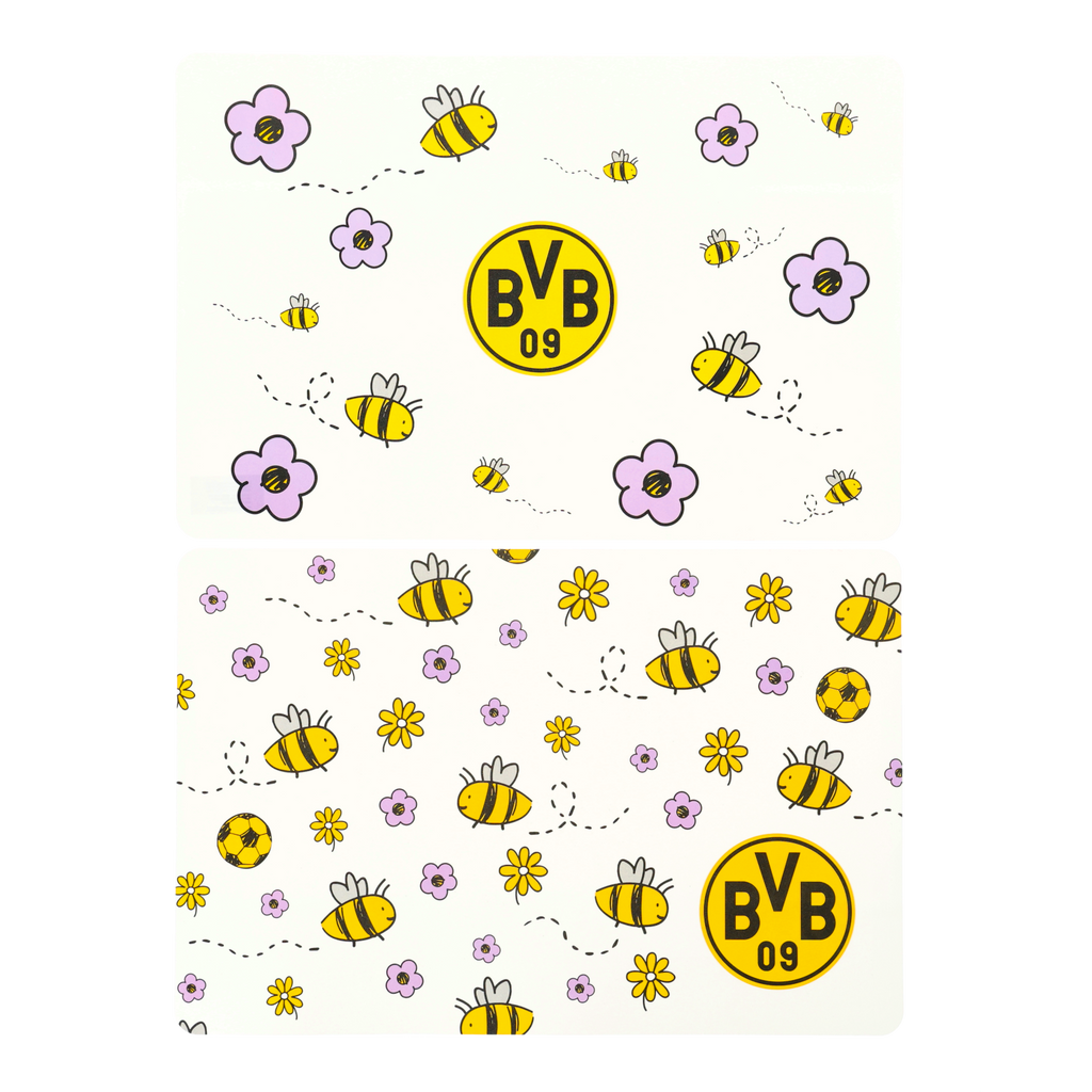 Two-piece BVB placemat set for kids featuring cheerful bee and flower designs in black, yellow, and purple. Perfect for young Borussia Dortmund fans.