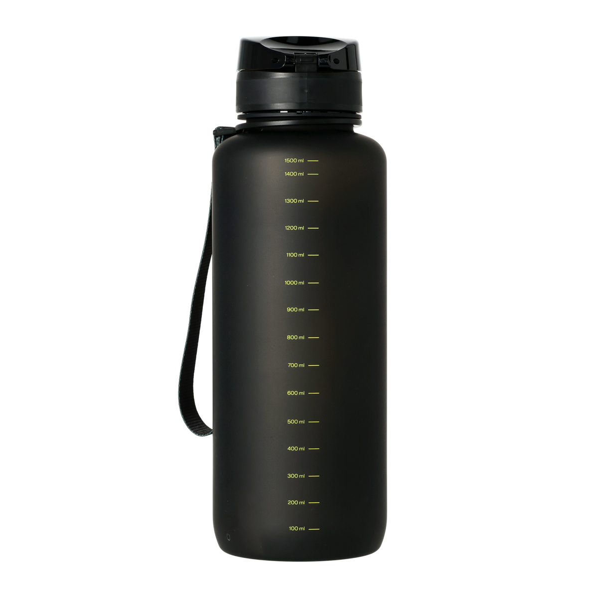Schwarze BVB Trinkflasche XXL mit gelber Skala, 1,5 Liter Fassungsvermögen, praktischer Trageschlaufe - perfekt für Fans und Sport.