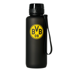 XXL-Trinkflasche in Schwarz mit gelbem BVB-Logo und praktischer Trageschlaufe, ideal für BVB-Fans und sportliche Aktivitäten.
