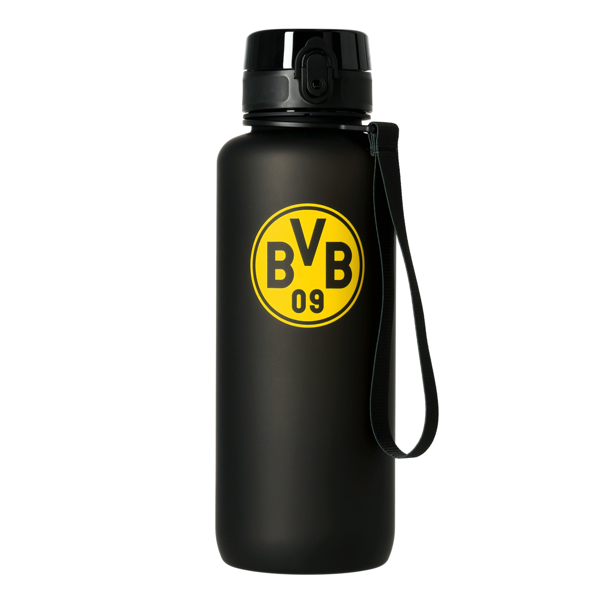 XXL-Trinkflasche in Schwarz mit gelbem BVB-Logo und praktischer Trageschlaufe, ideal für BVB-Fans und sportliche Aktivitäten.