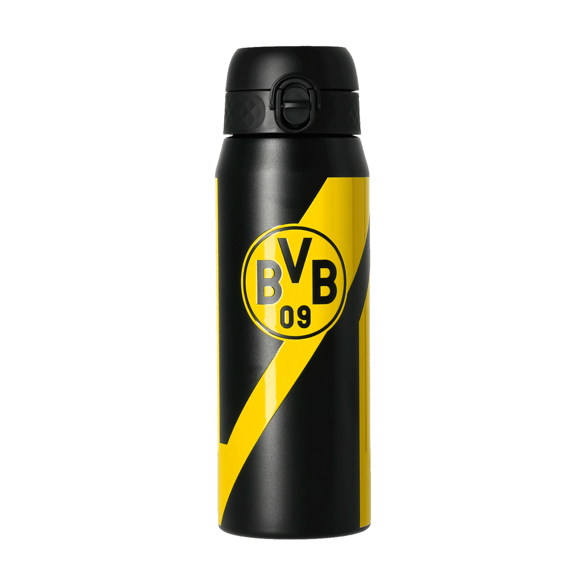 Botella del BVB en negro y amarillo con un llamativo logotipo del BVB 09 y un diseño ergonómico, ideal para aficionados y para practicar deporte.