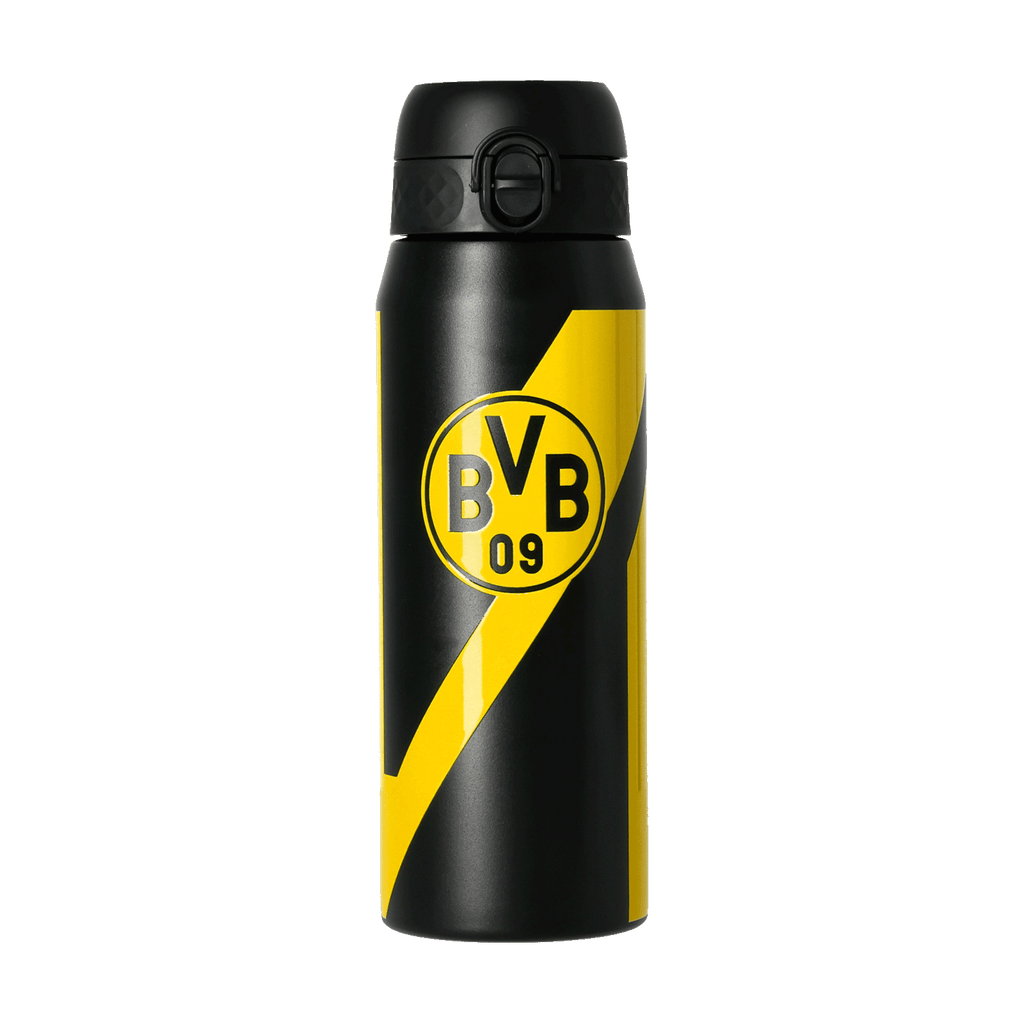 Gourde BVB noir et jaune, dotée d'un logo BVB 09 bien visible et d'un design ergonomique, idéale pour les supporters et le sport.