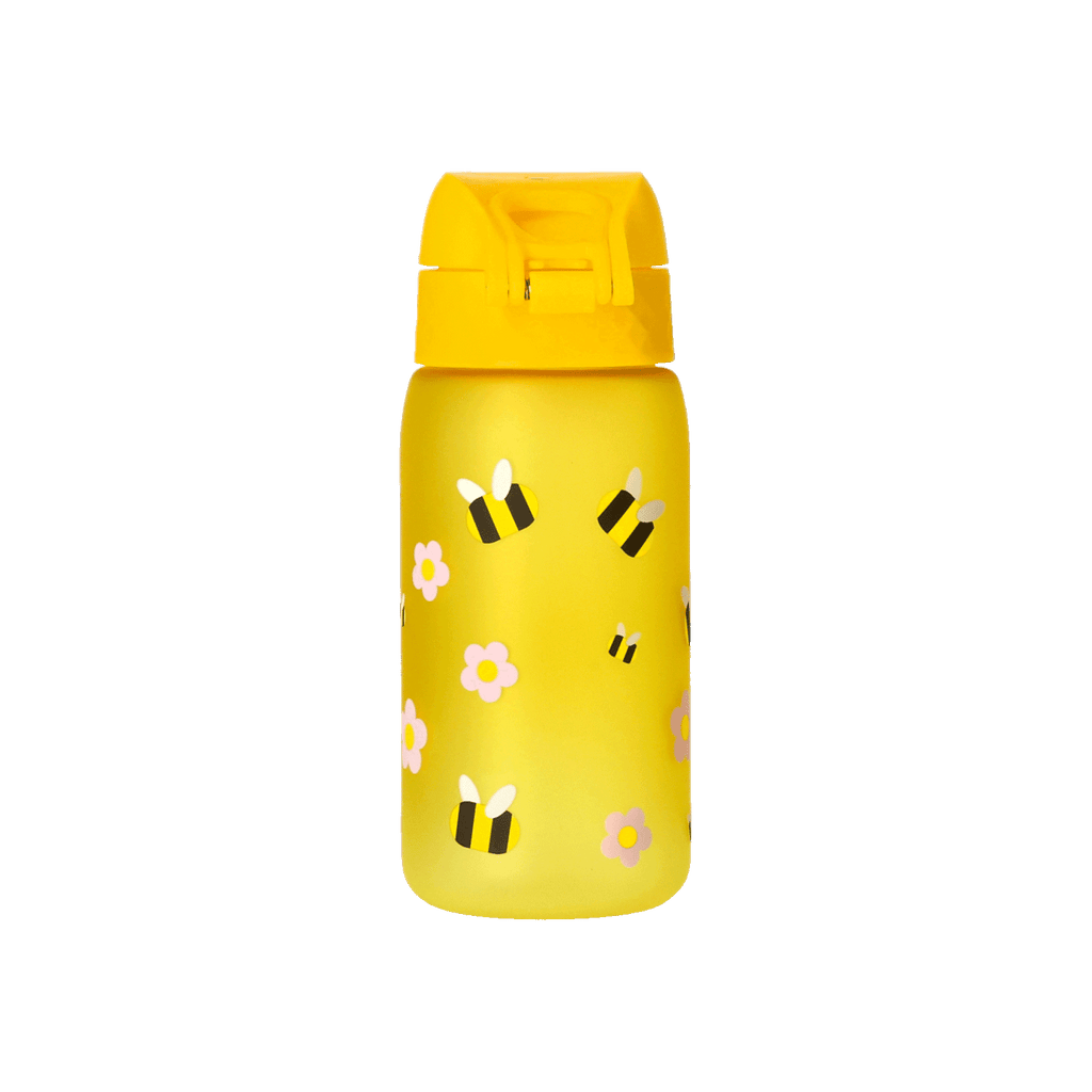 Gourde jaune du BVB pour enfants, ornée d'un motif joyeux représentant des abeilles et des fleurs, idéale pour les petits supporters du Borussia Dortmund.